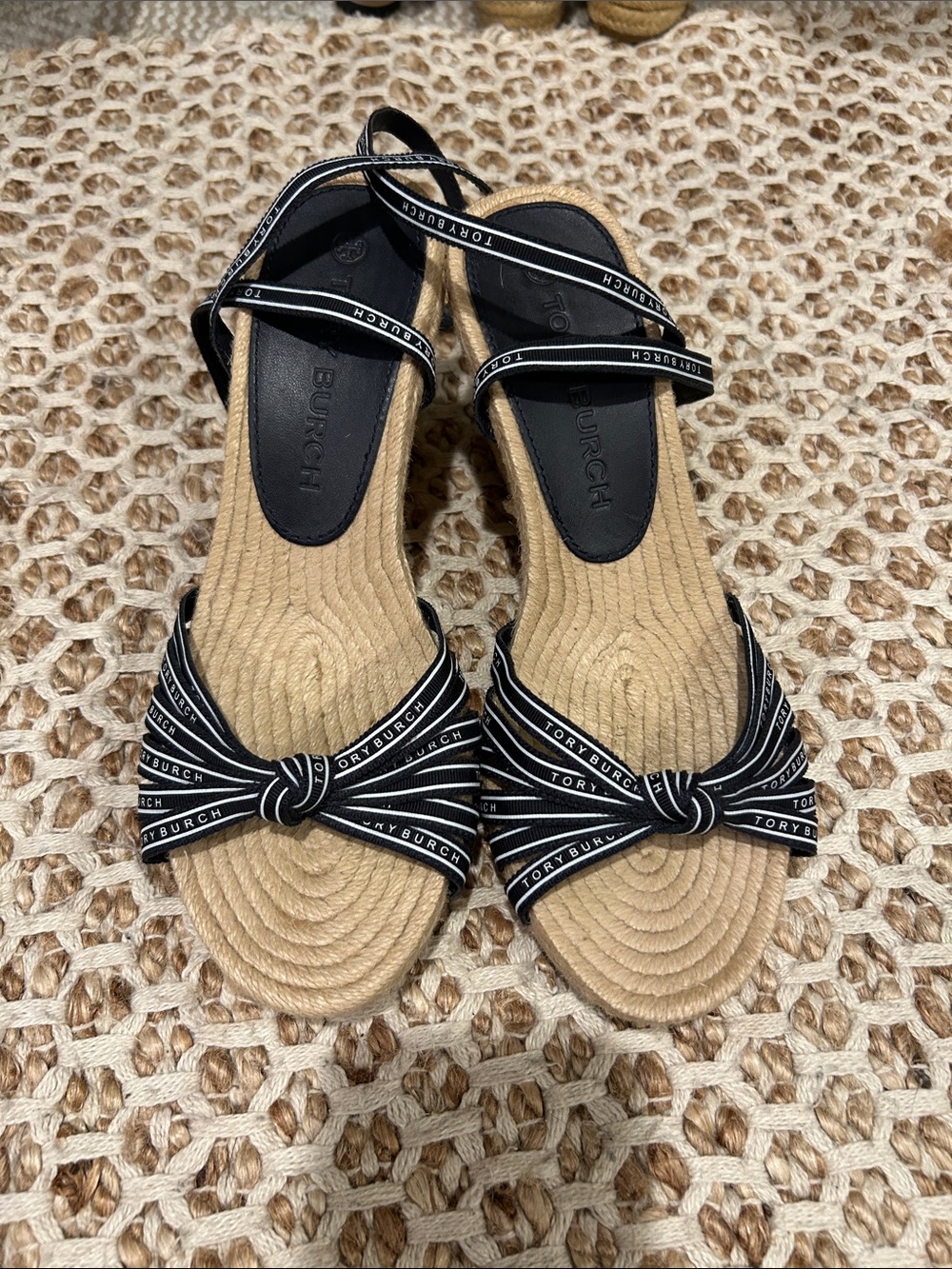Tory Burch Black Logo-Knot Espadrille Sandals